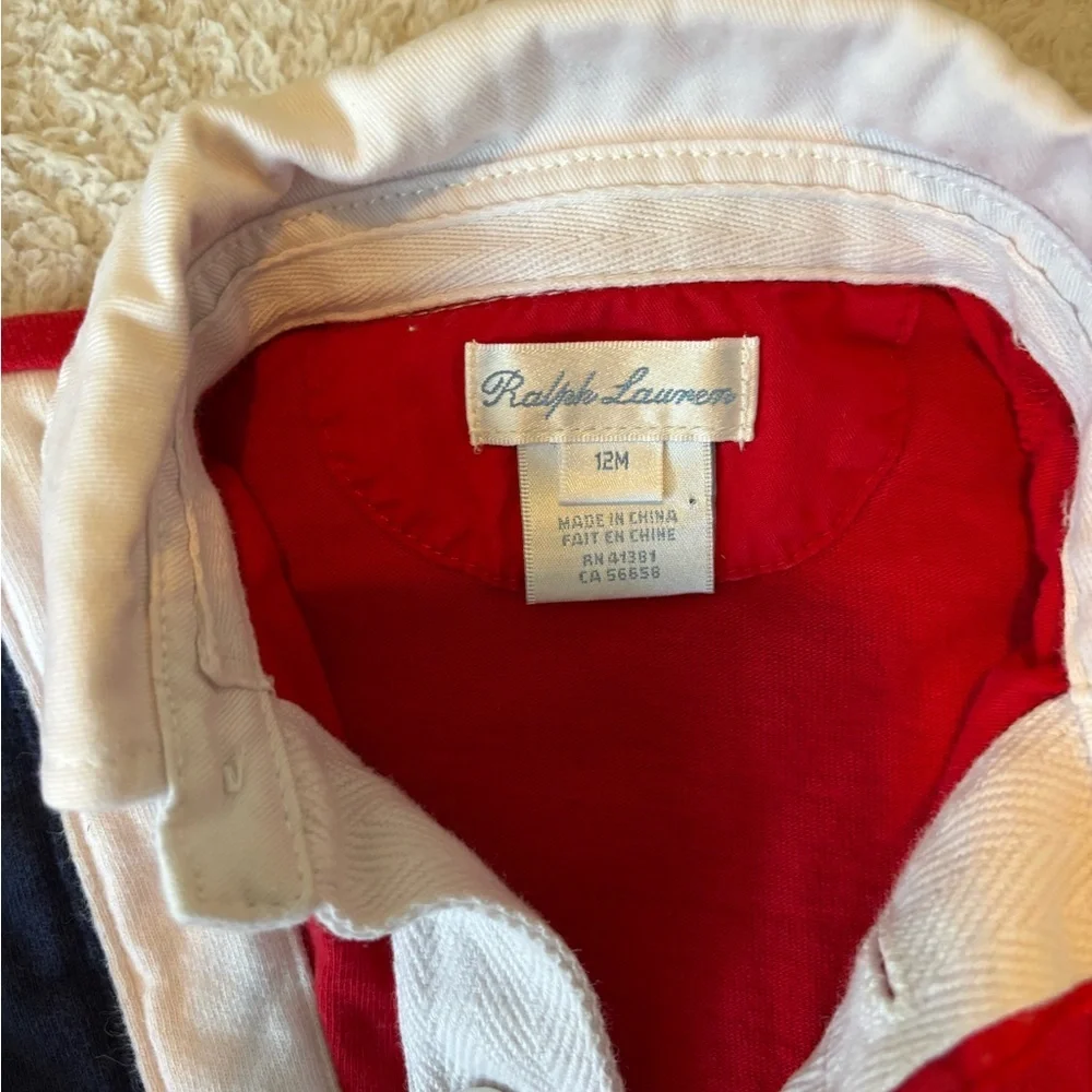 Ralph Lauren Red One-Piece with Navy & White Stripe, Size 12 months, snaps